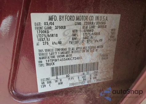 2004 Ford F-150 Fx4/Lariat/Xlt z USA, uszkodzony, nr VIN 1FTPW14554KC72403